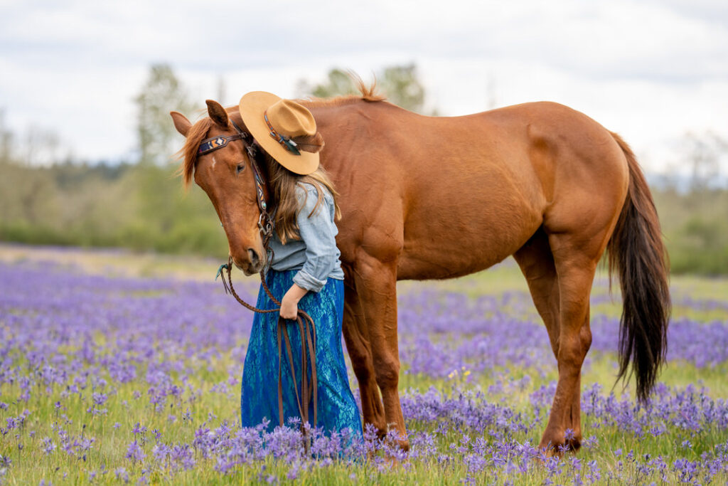 horse and rider western fashion purple flower field