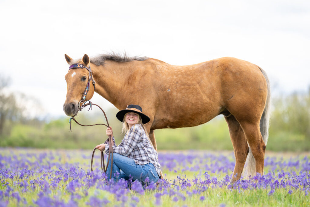 horse and rider western fashion purple flower field