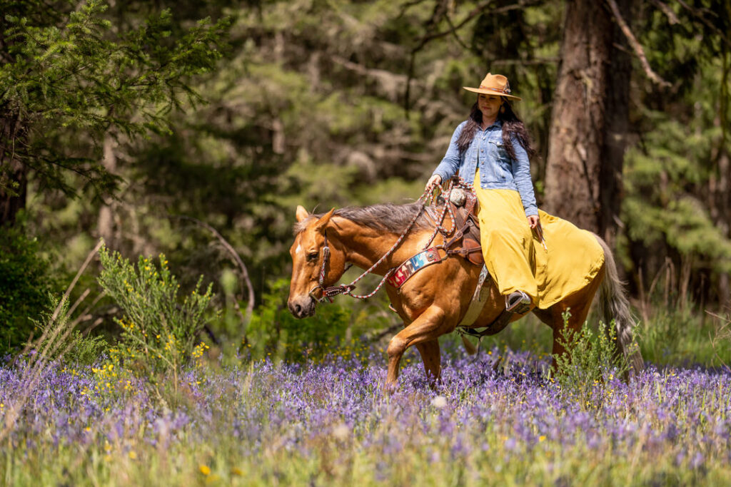 Western horse and rider fashion purple flower field