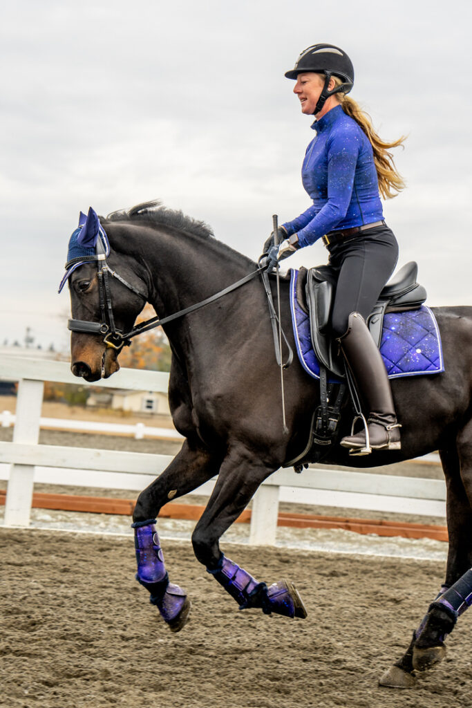 Dressage Trainer Christine Headley and Dressage Horse and rider in matchy Dapplebay constellation set photographed at Iron Horse Farm in Tacoma, Washington